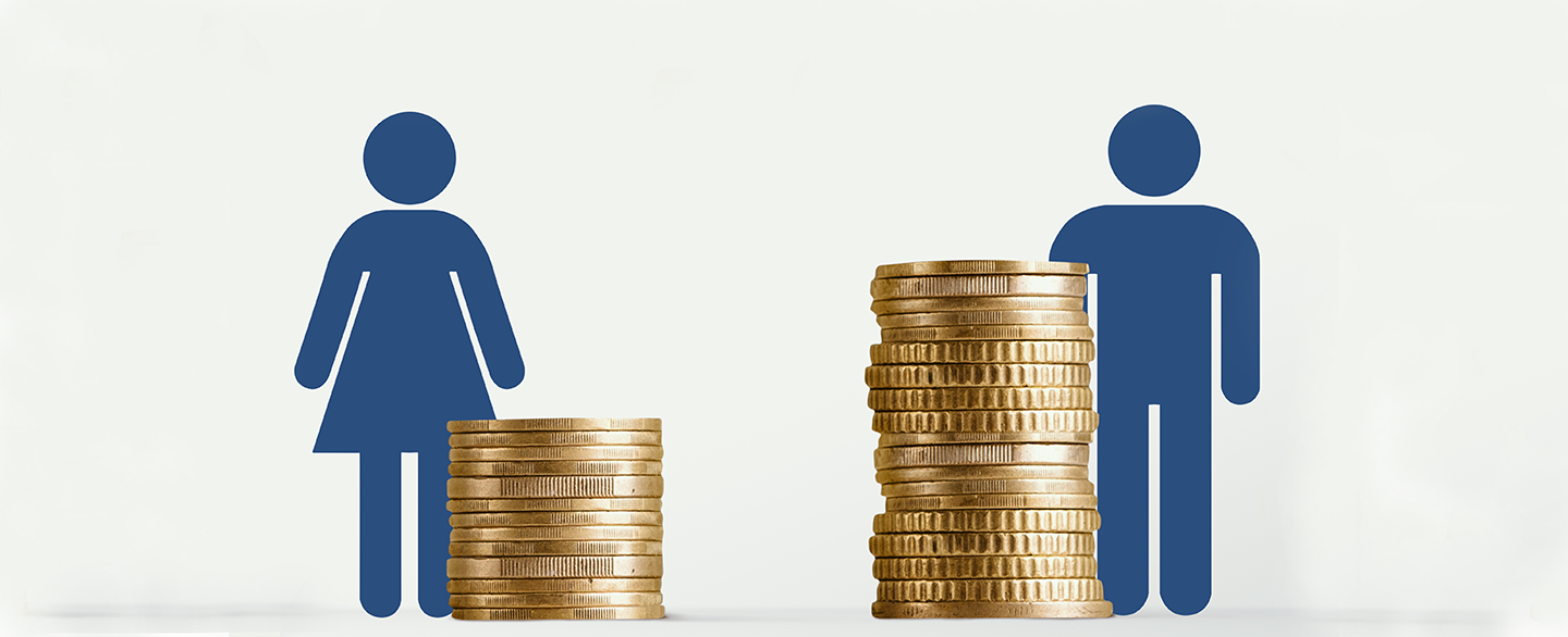 Gender Pay Gap dargestellt mit einem Symbol für einen Mann, der vor vielen Münzen und einem Symbol für Frauen, die vor wenigen Münzen steht. © AdobeStock_Prostock-studio
