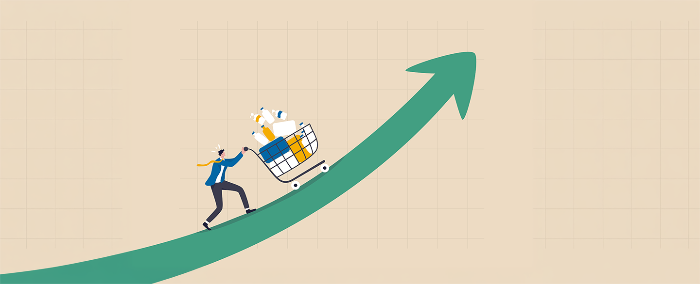 Grafik Teuerung - Mann schiebt vollen Einkaufswagen hinauf &copy; Nuthawut - stock.adobe.com