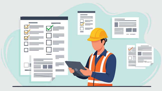 Illustration zum Thema Arbeitsinspektion, Person in Schutzkleidung mit Checkliste am Tablet &copy; khafid - stock.adobe.com
