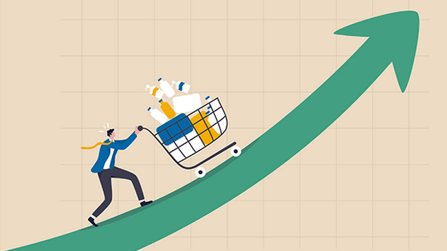 Grafik Teuerung - Mann schiebt vollen Einkaufswagen hinauf &copy; Nuthawut - stock.adobe.com